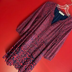 Vineyard Vines Navy Blue & Red Leopard Print Tiered Dress L